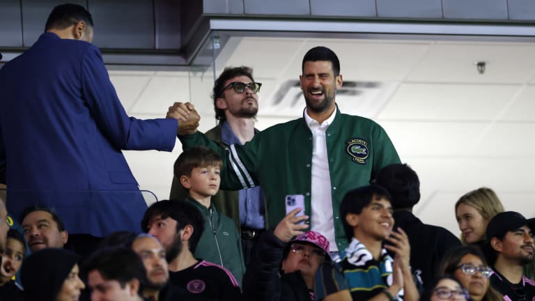 Novak Djokovic, greeting former NBA star Vlade Divac, returned to Southern California this week and attended a Los Angeles Galaxy soccer game.