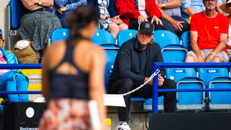 Coach David Witt watches Pegula during a Wimbledon tune-up in Eastbourne. The American will play hard-court tournaments in D.C., Canada and Cincinnati before the US Open.