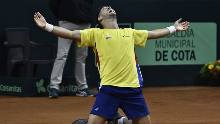With this reaction, you'd think Mejia won a Grand Slam title. Nope—he won the opening rubber for Colombia in its Davis Cup qualifier against Great Britain.