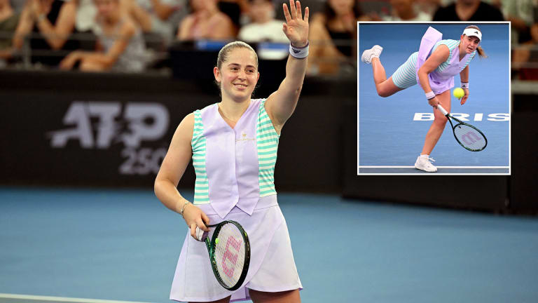 Ostapenko completes her Brisbane look with a white Adidas visor and wristbands, as well as all-white Wilson Rush 4.0 shoes.