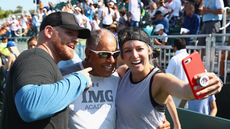 Bethanie Matek Sands takes a selfie with Nick Bollettieri during the 2018 Miami Open.