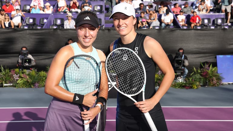 Pegula (left) joined the likes of Marketa Vondrousova, Coco Gauff and Ons Jabeur, who were all bageled and breadsticked by Swiatek at WTA Finals.