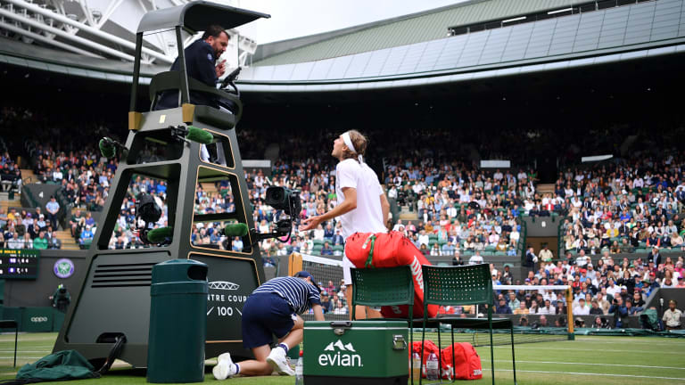 A frustrated Tsitsipas had some conversations with chair umpire Damien Dumusois of his own.