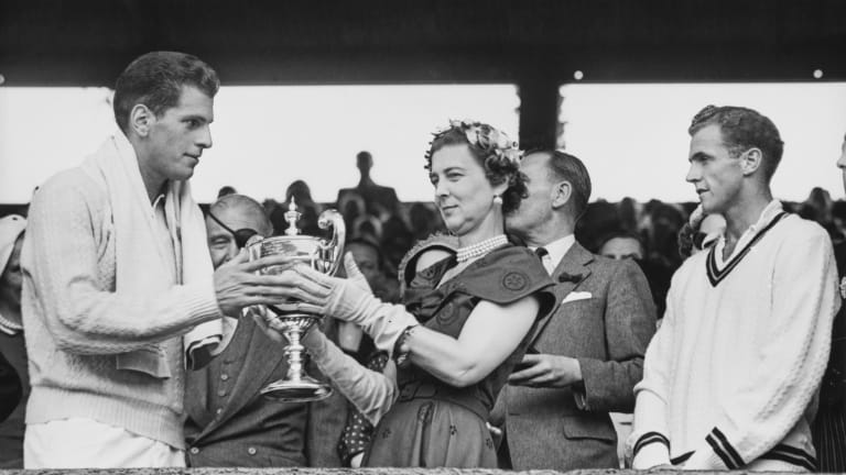 Princess Marina, Duchess of Kent, presents Savitt with the Wimbledon winner's trophy in 1951, after his win over Ken McGregor. Savitt also defeated McGregor to win the Australian Open, earlier that year.
