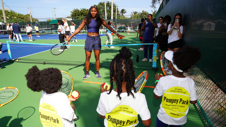 Gauff holds a clinic on the newly resurfaced courts at Pompey Park in nearby Delray Beach.