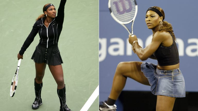 2004: Knee-high boots, black leather warm-up jacket, denim skirt and studded top: Serena's US Open look had it all.