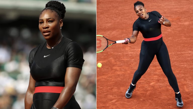2018: Serena made her return to Grand Slam tennis after maternity leave at Roland Garros, wearing a controversial 'catsuit' style compression garment with a red belt.