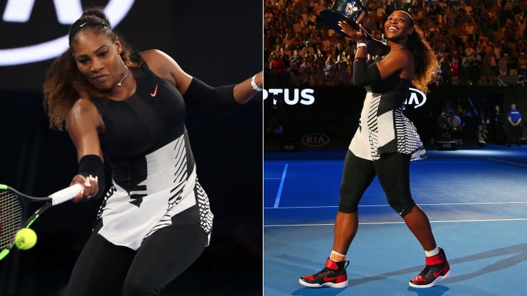 2017: Serena lifted the Australian Open trophy wearing a graphic print dress and compression capris, pairing her trophy with custom Air Jordans reading "23".