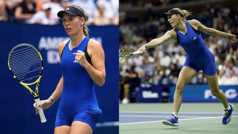 Wozniacki in head-to-toe "Billie Blue" at the US Open—the color even appears on her manicure.