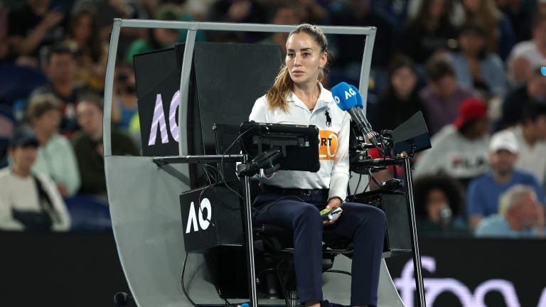 Chair umpire Marijana Veljovic looks on while overseeing this year's Australian Open meeting between Rafael Nadal and Mackenzie McDonald.