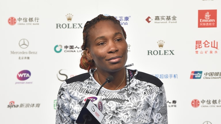 Venus Williams attends a press conference on day 1 of the 2016 China Open.