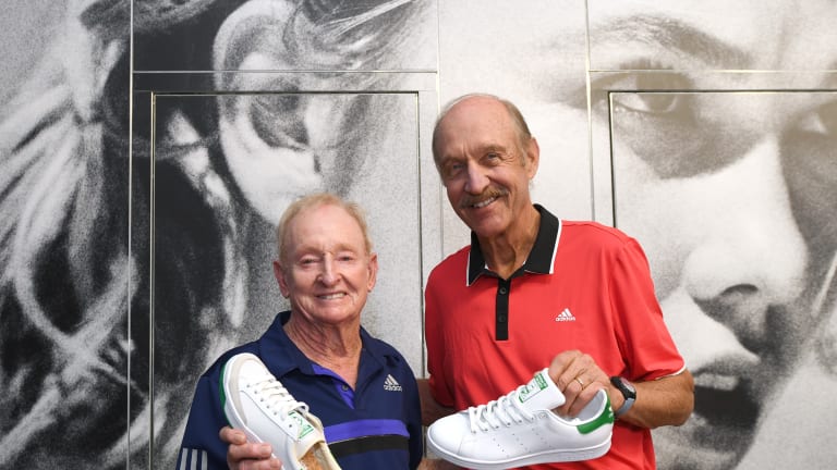 Rod Laver and Stan Smith with the Adidas shoes named and designed in their honor at the Grand Slam Oval during the 2017 Australian Open.