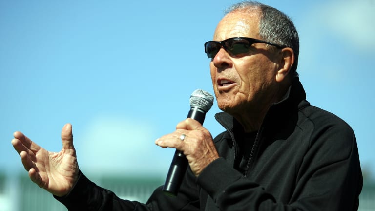 Nick Bollettieri speaks to a crowd during Kids Day at the Sony Ericsson Open.