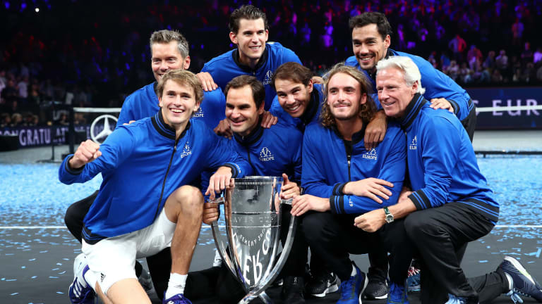 All five players who've won multiple Laver Cup titles are in this photo—Zverev with four, Federer with three and Nadal, Thiem and Tsitsipas with two each.