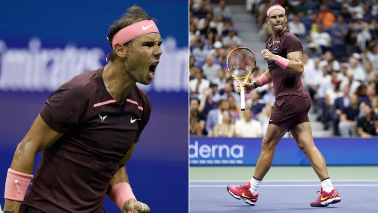 Rafa pairs his burgundy night-session kit with pink accents and red Nike shoes.