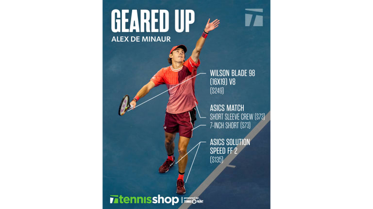 Alex de Minaur's kit includes Asics apparel and shoes and a Wilson racquet.