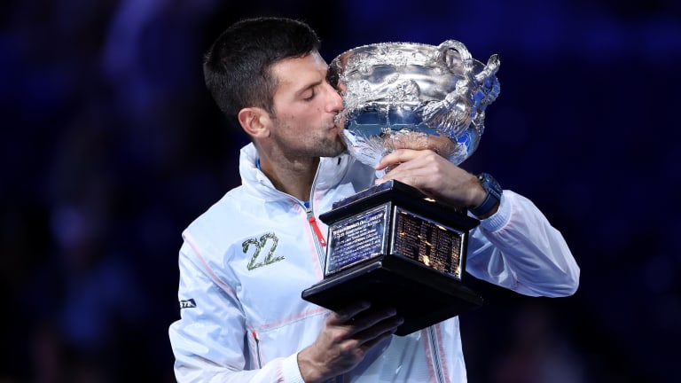 Djokovic wore a "22" jacket for the Australian Open trophy ceremony.