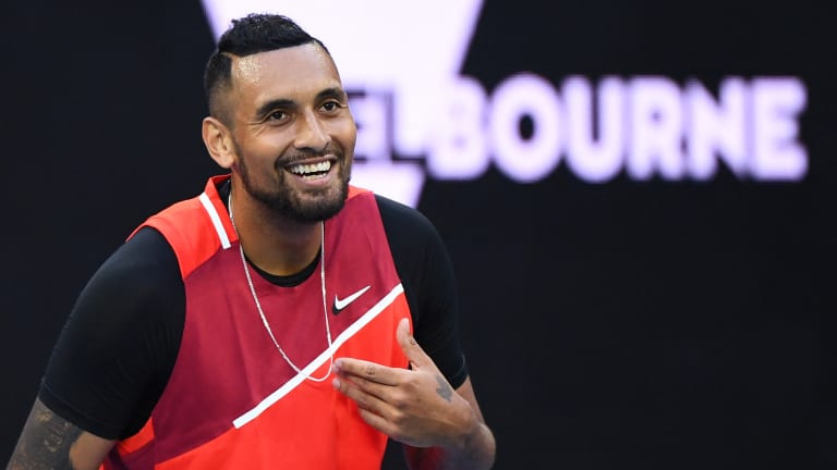Kyrgios celebrated his first-round win by doing Ronaldo's signature move.