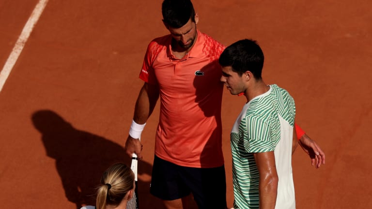 Djokovic made sure all was OK when Alcaraz's cramps set in.