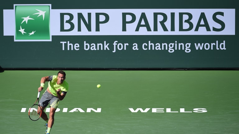 Philipp Kohlschreiber of Germany serves against Juan Martin Del Porto of Argentina during Day 12 of BNP Paribas Open on March 16, 2018 in Indian Wells, California