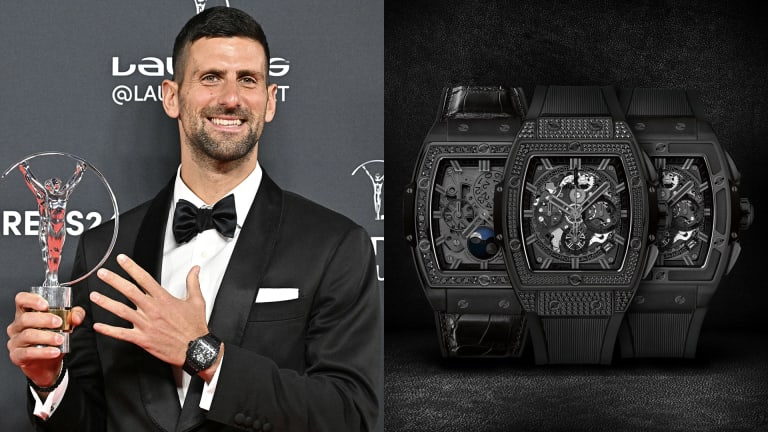 Djokovic showed off his fifth World Sportsman of the Year trophy, and his Hublot Spirit of Big Bang All Black Pavé watch, at the Laureus Awards ceremony.
