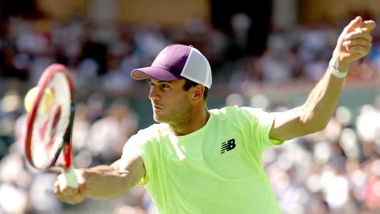 Paul landed a backhand volley in spite of a popped string on match point against Casper Ruud at the BNP Paribas Open on Thursday.