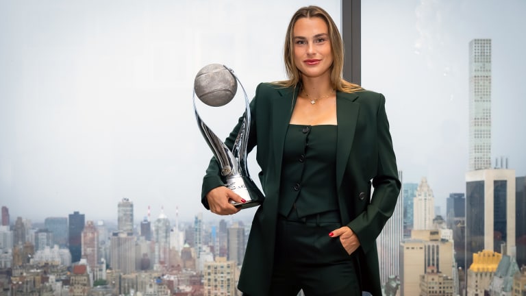 The incoming WTA world No. 1 opted for a menswear-inspired three-piece blazer set for her trophy presentation.