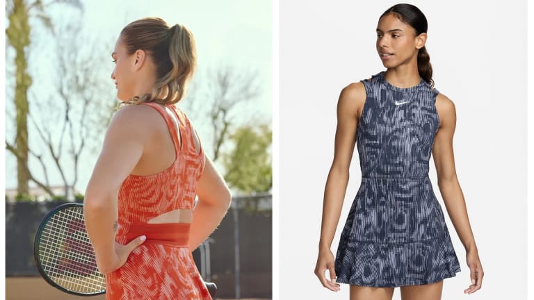 Sabalenka will rock the NikeCourt Slam Women's Dri-FIT Tennis Dress in terre battue-hued “Rust Factor” orange, also available in "Thunder Blue".