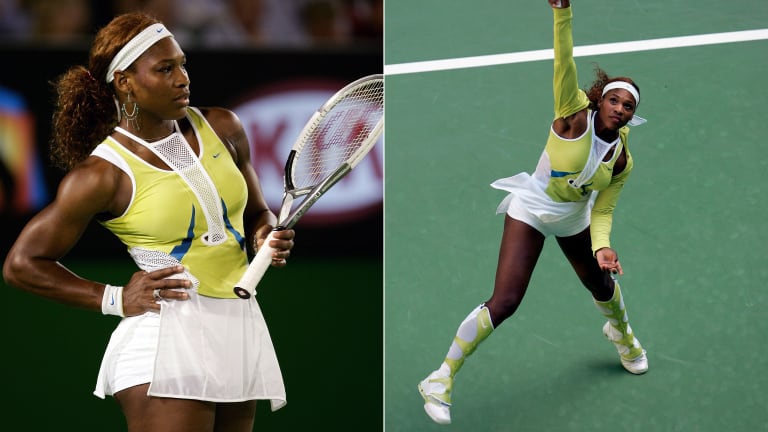 2005: The theme for this Australian Open look was transformation: Serena's tank and skirt 'transformed' into a dress, and her sneakers into knee-high boots.