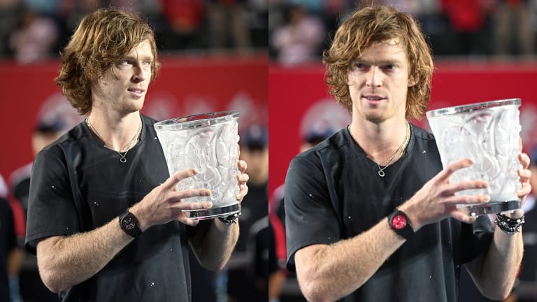 Rublev donned a black Bulgari Octo Finissimo skeleton watch during the Hong Kong trophy ceremony, which appeared to turn red as the cameras flashed.