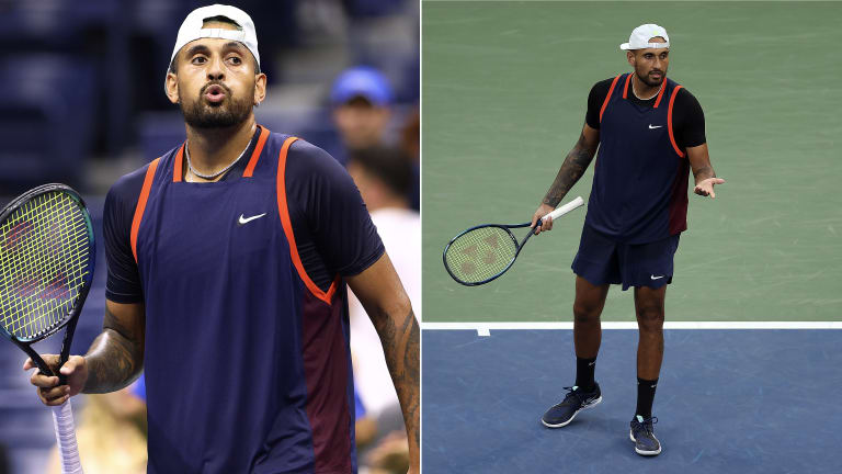 Looking ready for a pickup basketball game, Kyrgios wears a Nike kit inspired by his favorite sport.