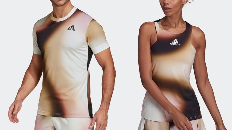 Tops and tanks from the Adidas Melbourne collection in black, sandy beige and white.