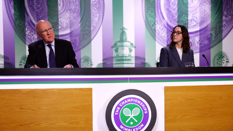 Ian Hewitt, Chairman of the All England Club, and Sally Bolton, Chief Executive of the All England Club, speaking to the press about the decision on April 26.