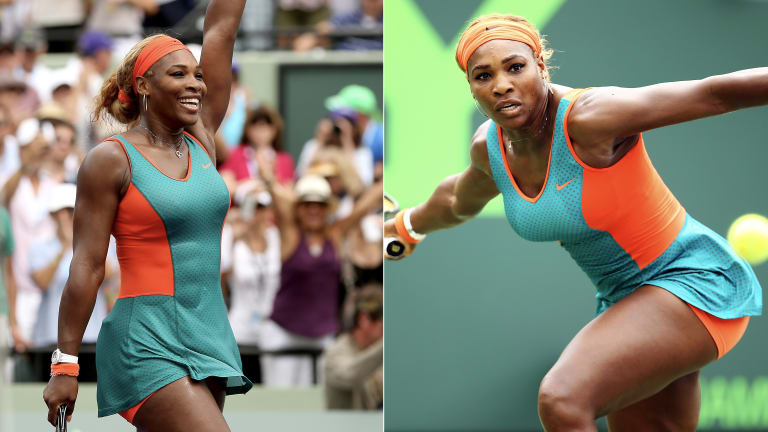 2014: As a minority owner of the NFL's Miami Dolphins, Serena wore their orange and turquoise colors at the Miami Open.