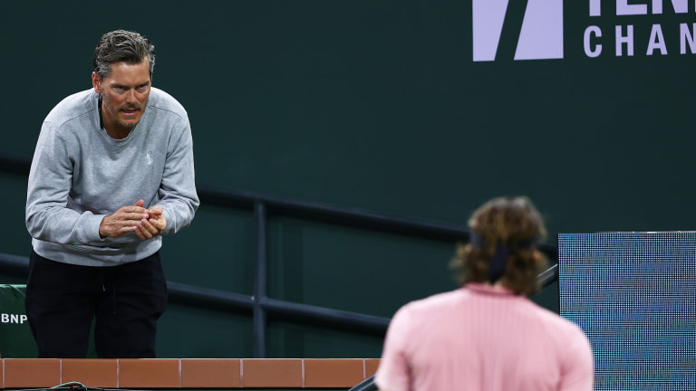 Stefanos Tsitsipas, a proponent of coaching in the pro game, with coach Thomas Enqvist during this year's BNP Paribas Open at Indian Wells.