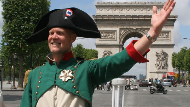 Murphy Jensen, hosting 'Open Access', greets viewers while dressed as Napoleon, on the Champs-Élysées in 2007.