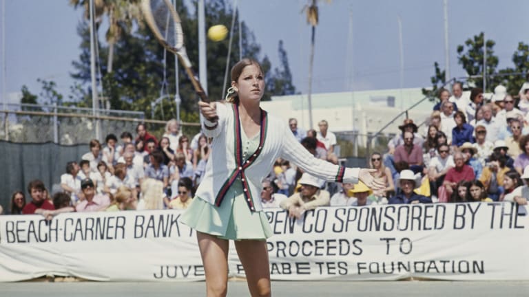 Chris Evert warms up for her final against Evonne Goolagong in the Miami Beach-Garner Bank USLTA tournament in April 1973.