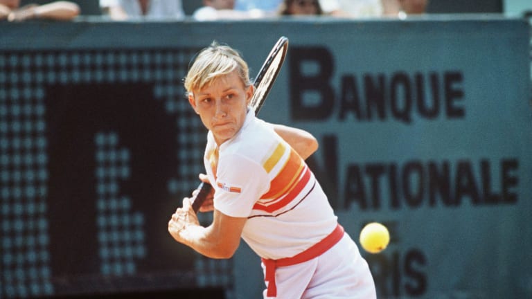 Navratilova, representing the United States of America, at the 1982 French Open.