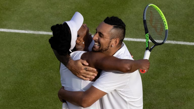 Kyrgios and Williams won their mixed-doubles opener at Wimbledon, and entertained fans around the world.