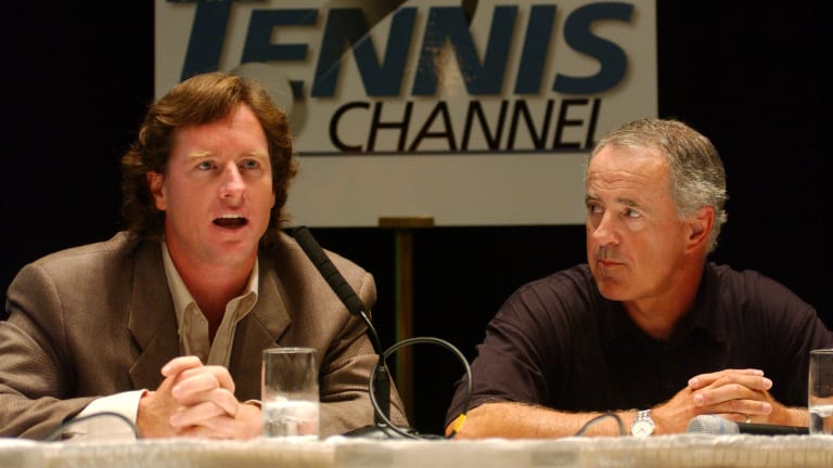 Steve Bellamy, founder of Tennis Channel (at left) announces the new cable network in New York City on August 28, 2001.