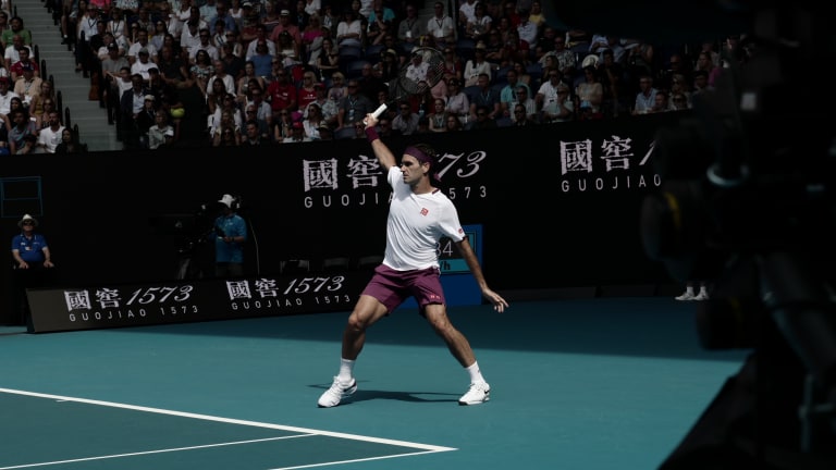 A shot of Roger Federer at the 2020 Australian Open for Racquet.