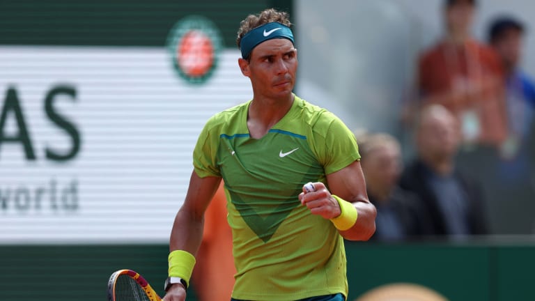 The definition of "fuggedaboutit" in a French dictionary: Rafael Nadal in a Roland Garros final.