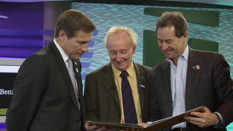 A behind-the-scenes shot of Rod Laver, sporting his Wimbledon tie, with Bill Macatee and Tennis Channel CEO Ken Solomon.