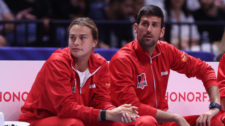 Aryna Sabalenka and Novak Djokovic watch their Falcons teammates during December's World Tennis League in Dubai; a month later, they were Australian Open champions.