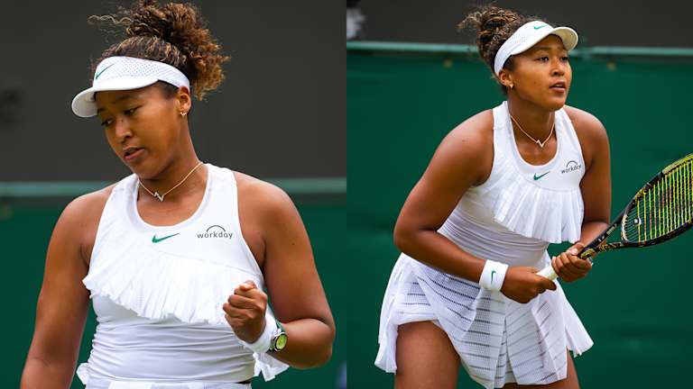 Osaka wears Louis Vuitton earrings and a Tag Heuer Aquaracer watch during her Wimbledon first-round match.