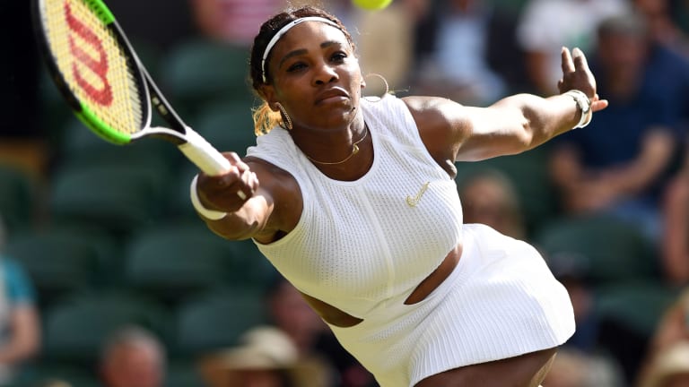2019: Serena's sweater-knit Wimbledon dress included a unique detail, with the Nike "swoosh" logo actually being a brooch crafted from 34 Swarovski crystals.