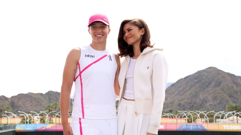 Swiatek and Zendaya posing for a photo op along with the official trophy photoshoot, where the world No. 1 is presented the famed Baccarat trophy.