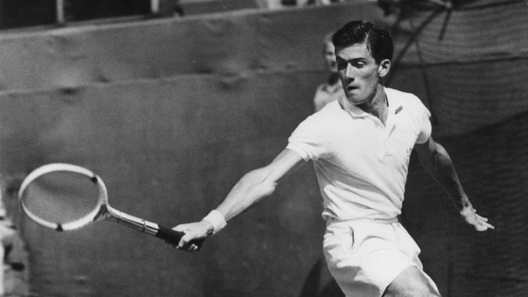 Rosewall, pictured in 1957, with his patented hard backhand slice.
