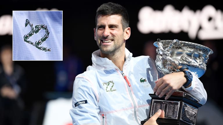 Djokovic donned this commemorative Lacoste jacket after his Melbourne victory—and yes, the 22 is made up of tiny "croc" logos.
