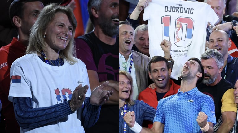 Djokovic's mother Dijana (left) and the rest of his team also wore customized "10" shirts in Melbourne.